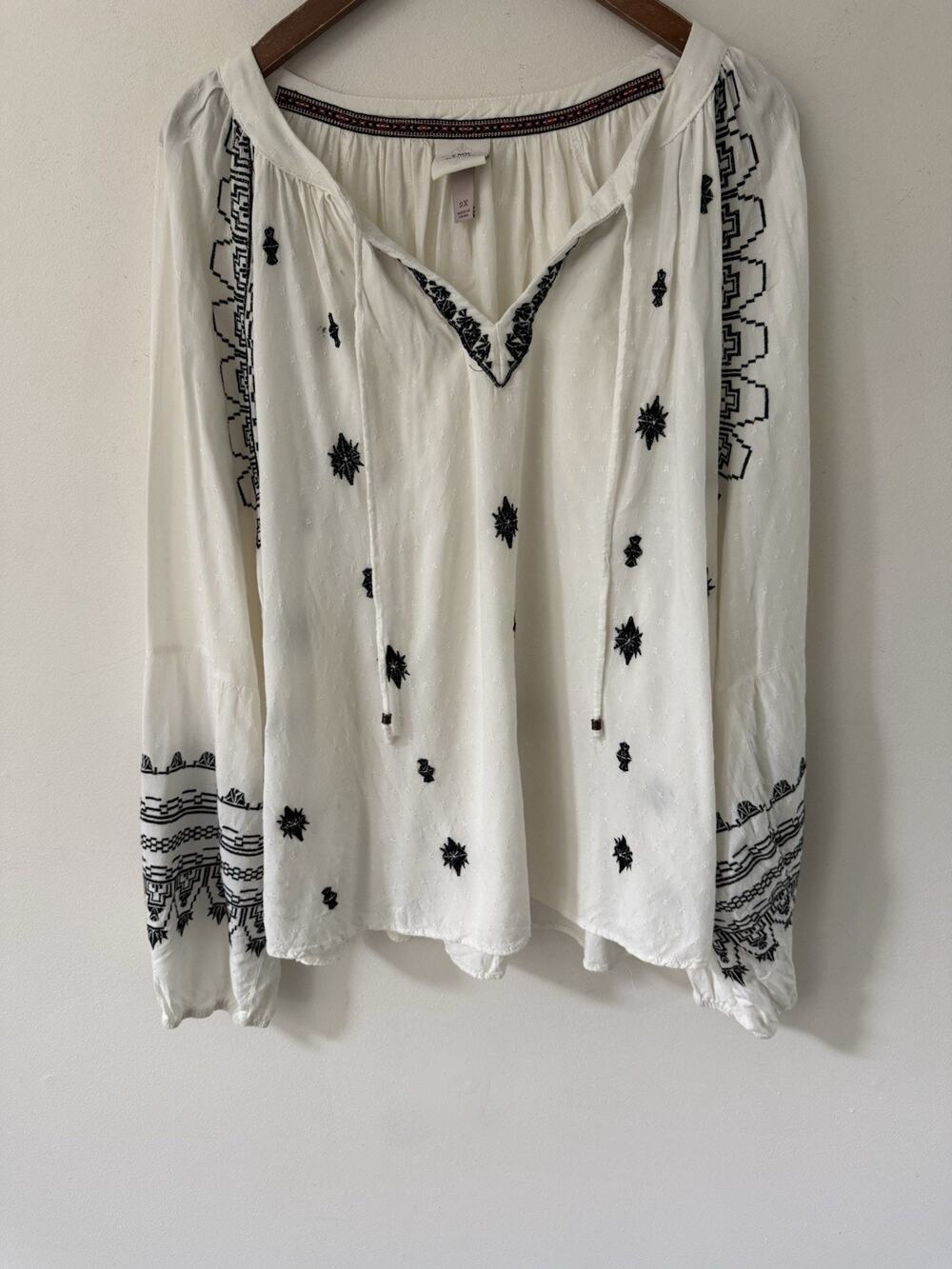 Knox Rose Bohemian Balloon Sleeve Top Ivory Womens Size 2X Plus Lagenlook